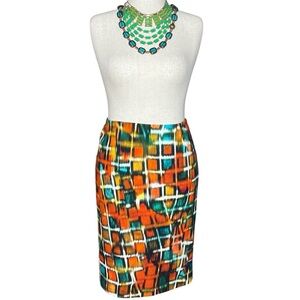 LAFAYETTE 148 Abstract Windowpane Print Pencil Skirt Fully Lined Cotton Skirt 14